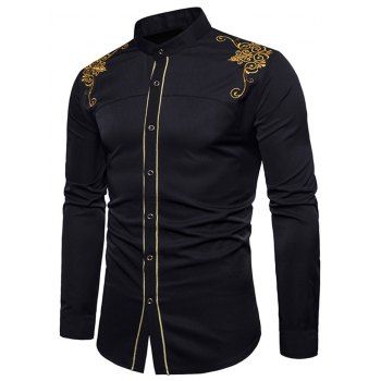 

Embroidered Stand Collar Long Sleeve Shirt, Black