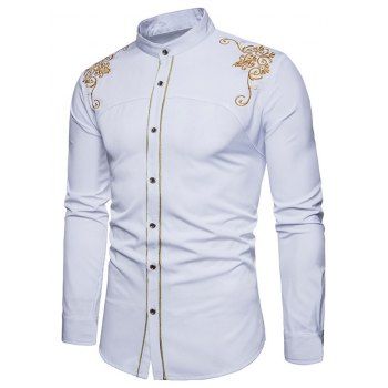 

Embroidered Stand Collar Long Sleeve Shirt, White