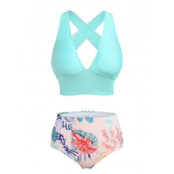 

Criss Cross Flower Leaf Crop Tankini Swimwear, Light blue