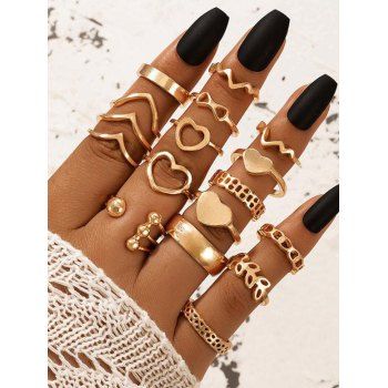 

17Pcs Heart Leaf Pattern Finger Rings Set, Golden