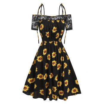 

Sunflower Print Sundress Cold Shoulder Floral Lace Panel Vacation Dress Tie Knot Spaghetti Strap A Line Dress, Black
