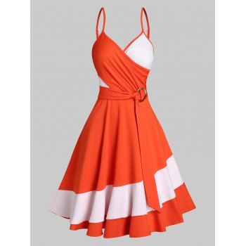 

Colorblock Tiered A Line Dress Surplice Crossover V Neck O Ring Cami Dress Adjustabel Straps Sleeveless Dress, Orange