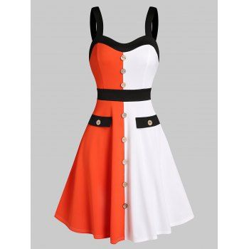 

Button Front Colorblock Flap Detail Cami Dress, Multicolor