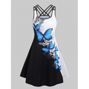 

Lattice Butterfly Print Colorblock Casual Dress, Black