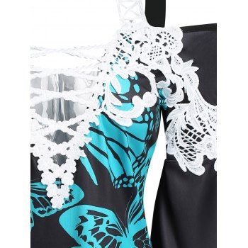 Cold Shoulder Mini Dress Butterfly Print Lattice A Line Dress Flower Crochet Lace Applique Flare Sleeve Gothic Dress