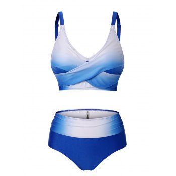 

Ombre Bikini Swimwear Crossover Ruched High Waisted Bathing Suit Tummy Control Swimsuit, Blue