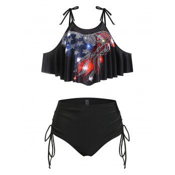 

Flag Rhinestone Print Cinched Padded Tankini Swimsuit, Black