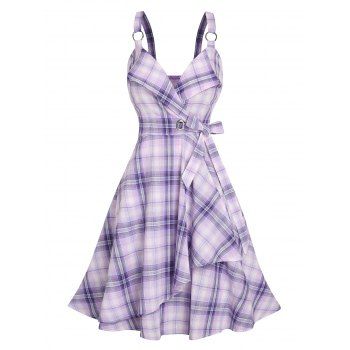 Plaid Print Mini Dress Bowknot Overlap Surplice Dress Sleeveless O Ring A Line Dress
