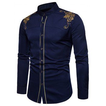 

Embroidered Stand Collar Long Sleeve Shirt, Cadetblue