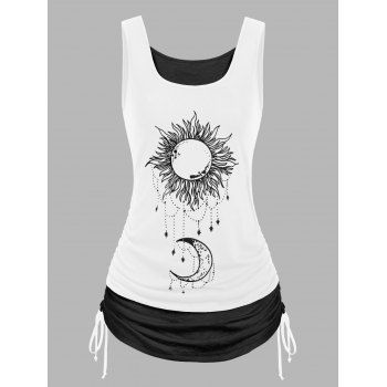 

Celestial Sun Moon Floral Print Cinched Ruched Contrast Colorblock Tank Top, Multicolor