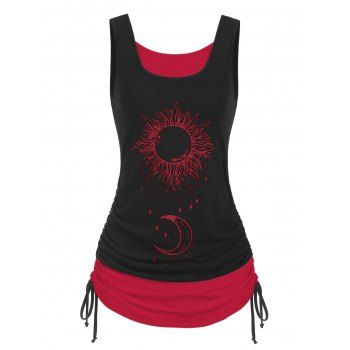 

Celestial Sun Moon Floral Print Cinched Ruched Contrast Colorblock Tank Top, Red