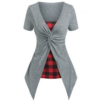 

Plaid Pattern Twist 2 In 1 Tee, Light gray
