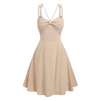 

Criss Cross Spaghetti Strap Midi Dress Plain Color Knot Sleeveless A Line Dress, Light coffee