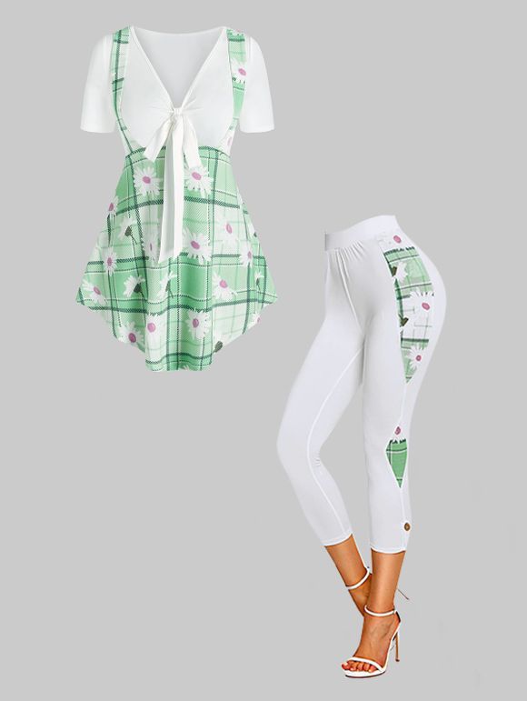 Ensemble de Haut Floral à Carreaux et Pantalon Capri en Fausse Deux Pièces - multicolor M