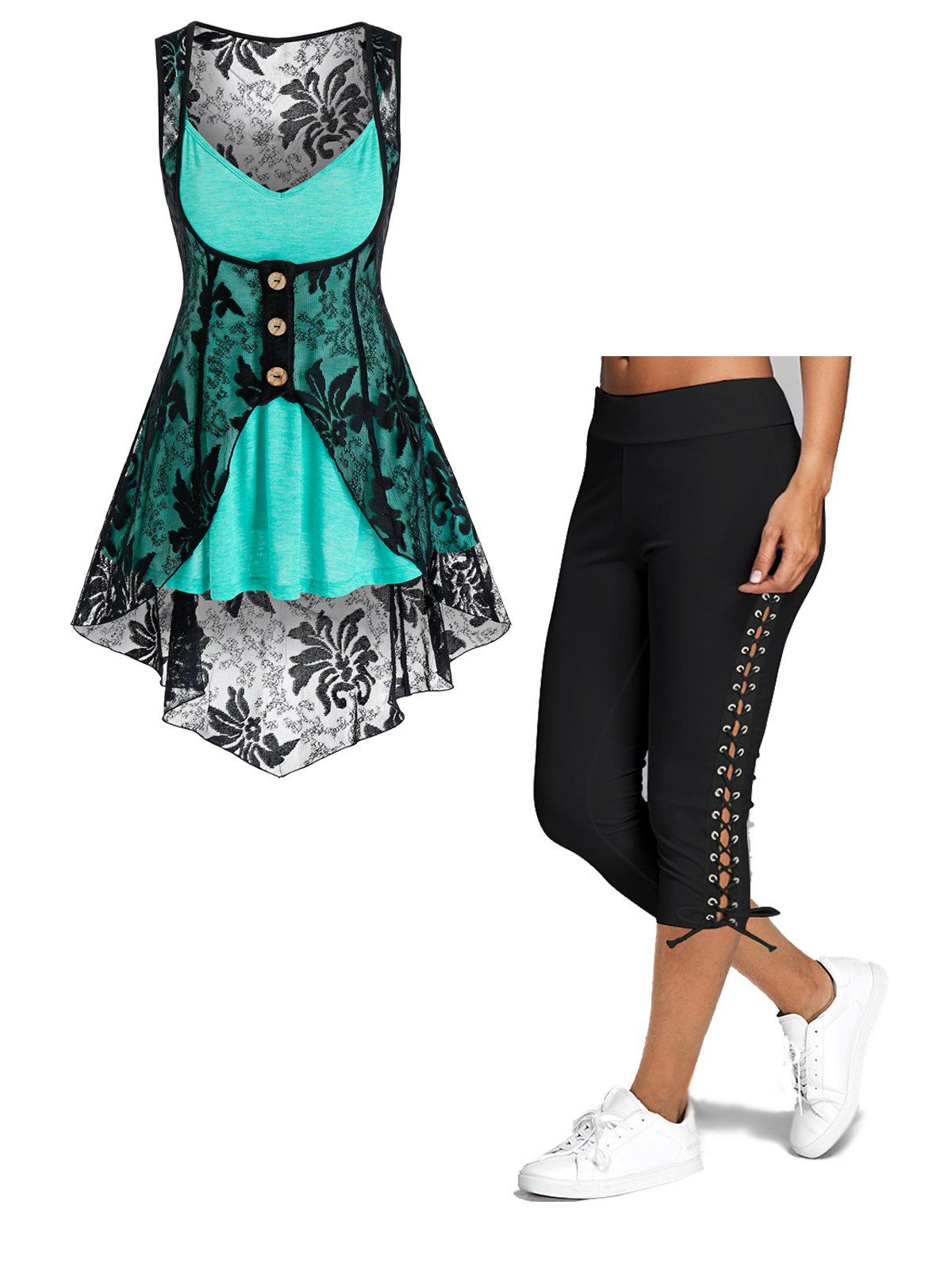 Lace Panel Asymmetrical Tank Top and Sheer Leggings Outfit - multicolor M