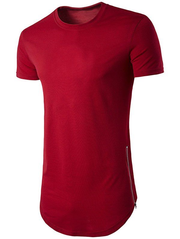 T-shirt Zippé Fendu en Couleur Unie à Ourlet Courbe - Rouge L