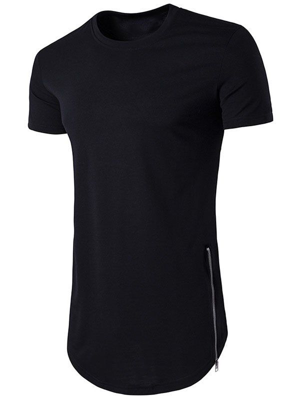 T-shirt Zippé Fendu en Couleur Unie à Ourlet Courbe - Noir L