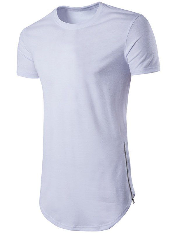 T-shirt Zippé Fendu en Couleur Unie à Ourlet Courbe - Blanc XXL