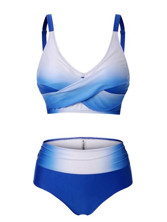 Maillot de Bain Bikini Ombré Gainant Tordu à Taille Haute à Volants - Bleu M
