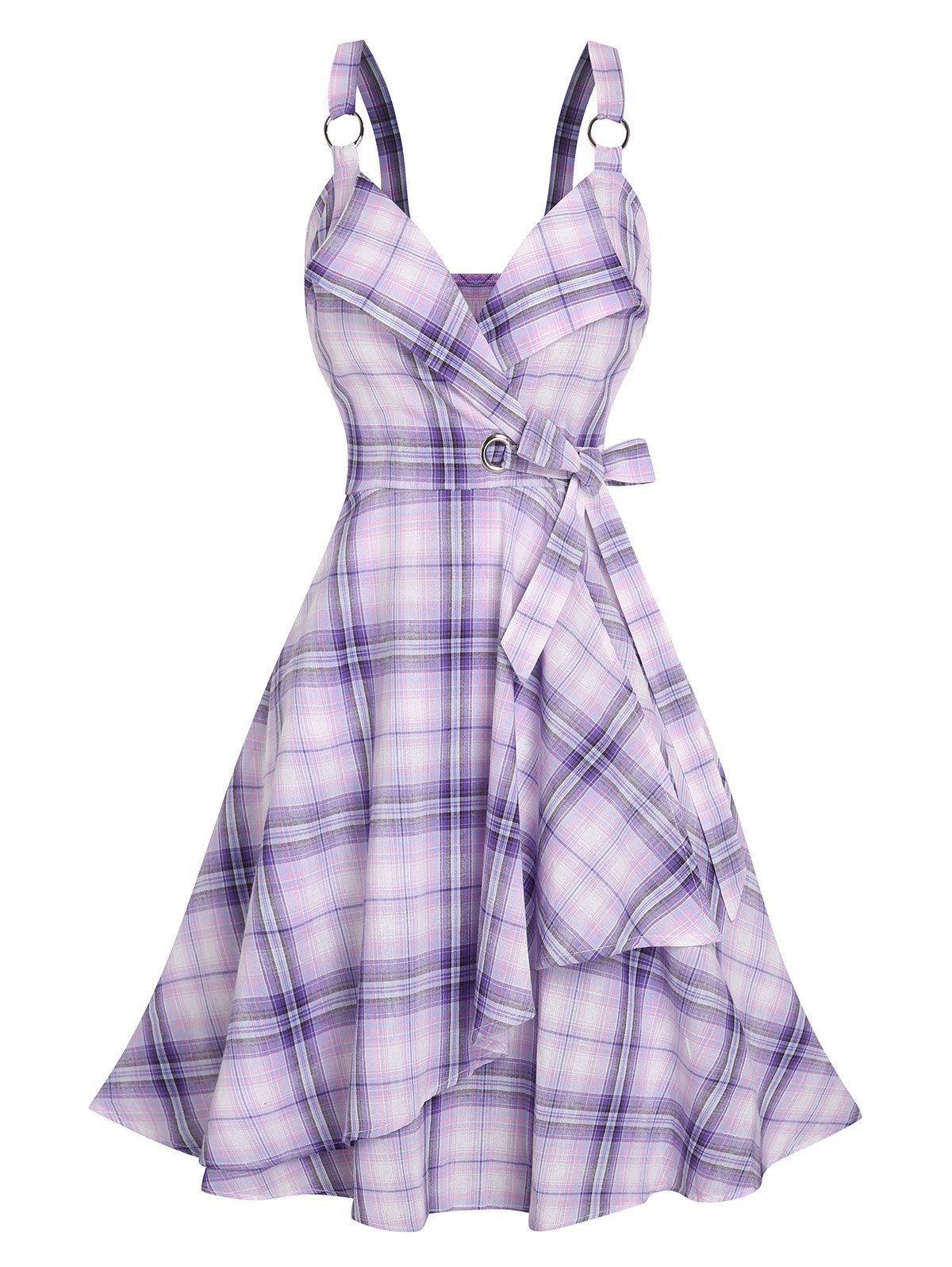 Robe Superposée à Carreaux avec Nœud Papillon - Violet clair M