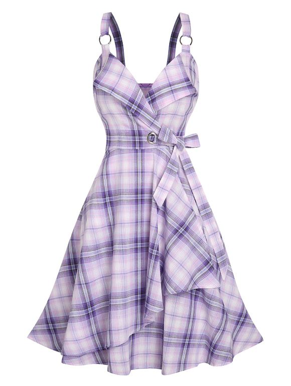 Robe Superposée à Carreaux avec Nœud Papillon sans Manches - Violet clair XL