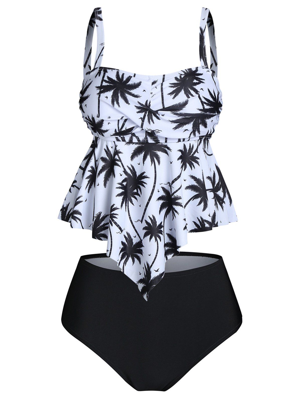 Coconut Tree Print Ruffled Hem Tankini Swimwear - multicolor L