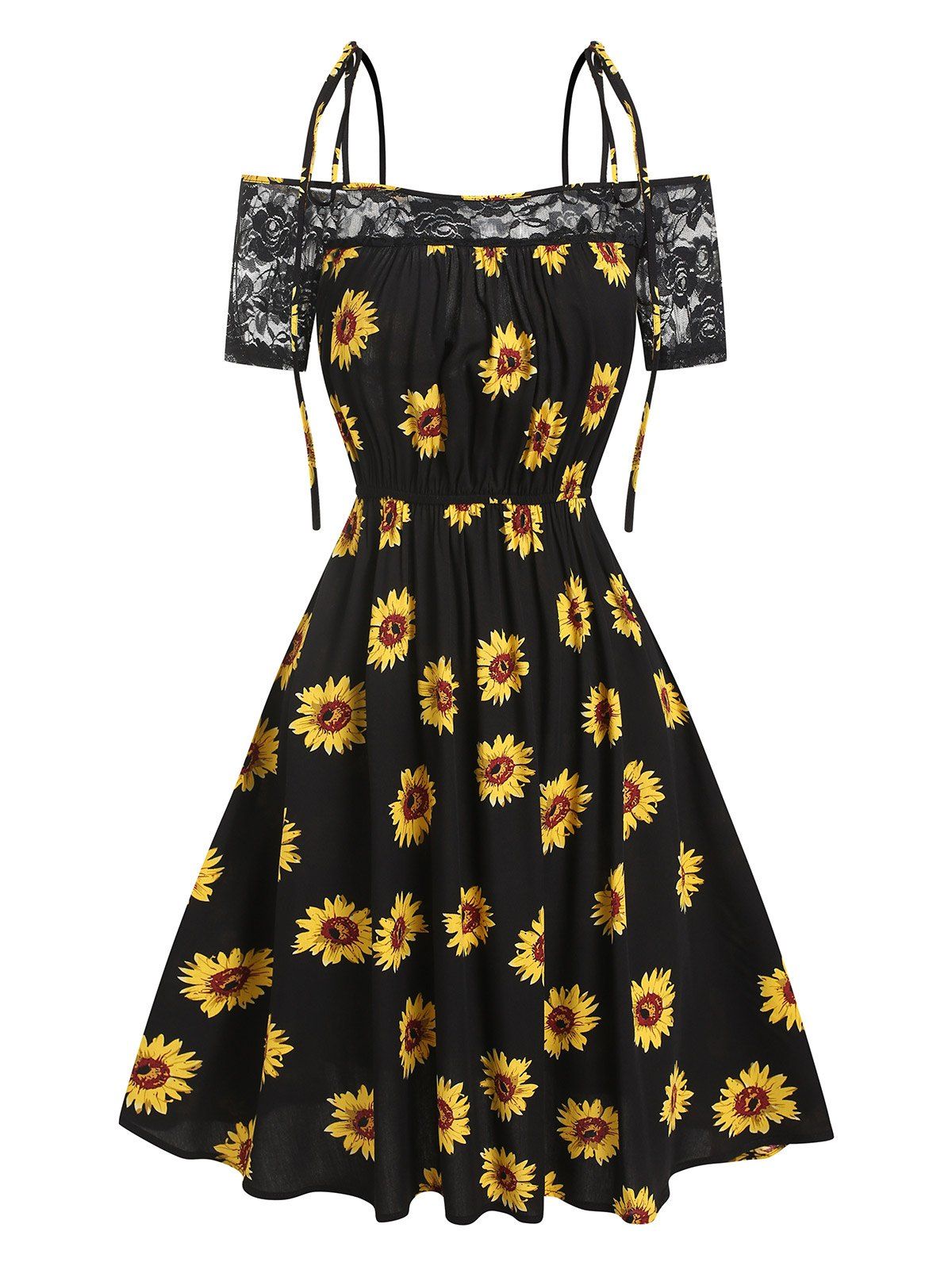 Sunflower Print Sundress Cold Shoulder Floral Lace Panel Vacation Dress Tie Knot Spaghetti Strap A Line Dress - BLACK XL