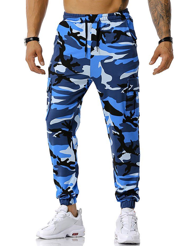 Pantalon Décontracté Cargo Camouflage à Cordon - Bleu Ciel L