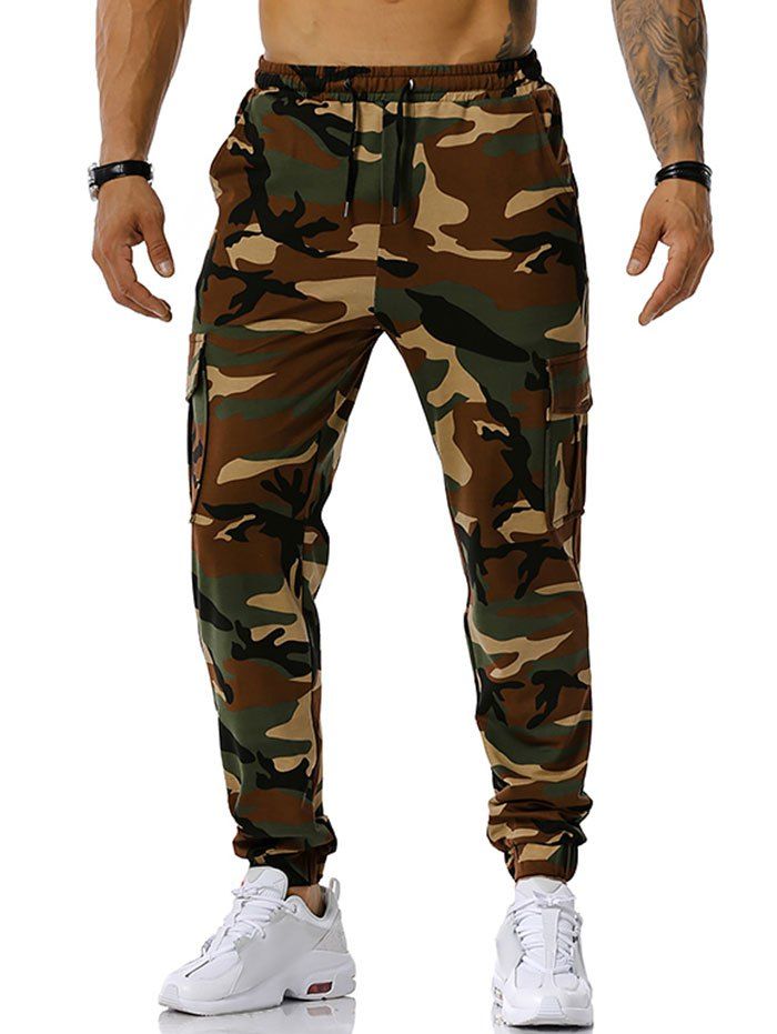 Pantalon Décontracté Cargo Camouflage à Cordon - Vert Armée L