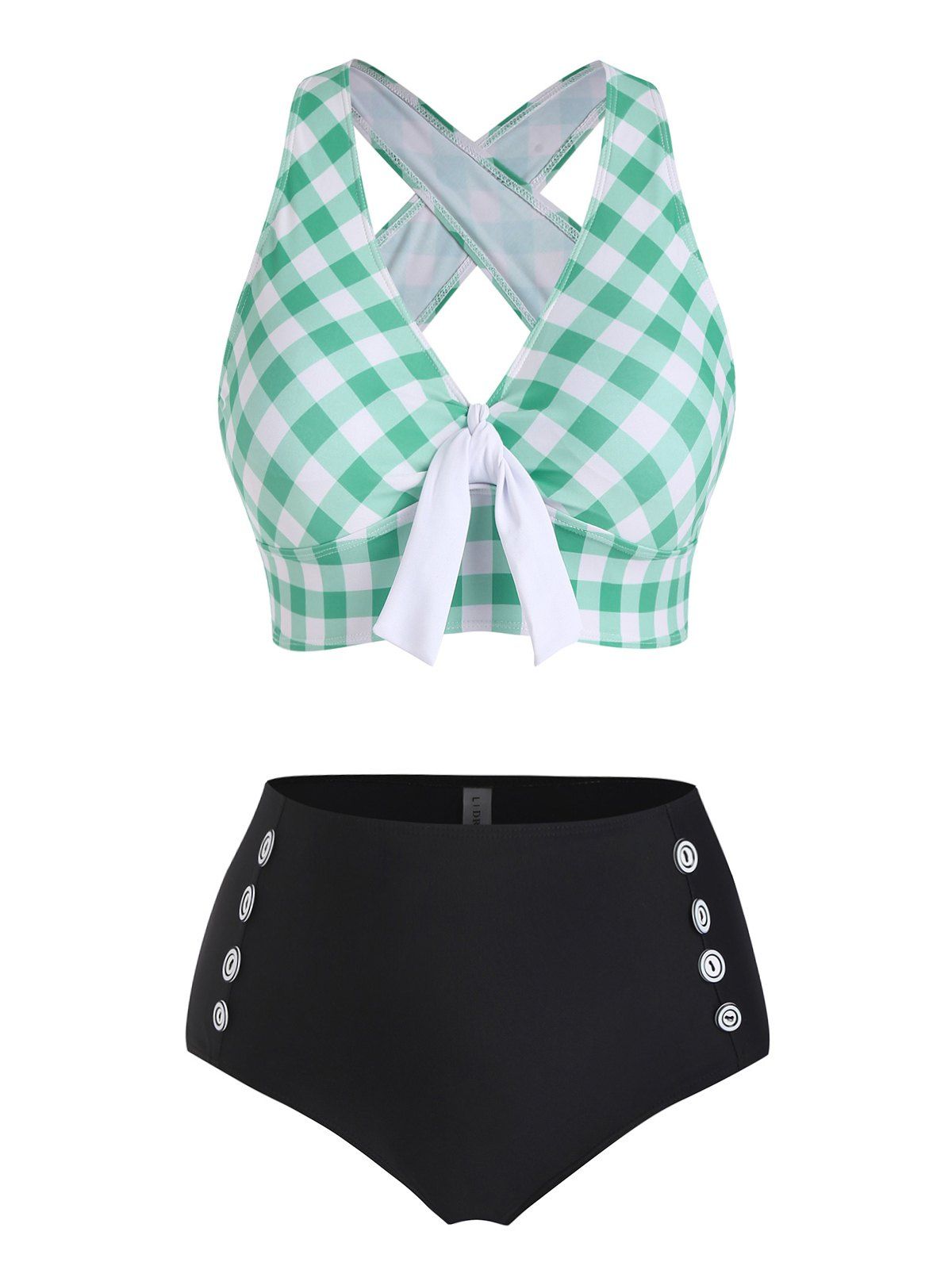 Plus Size Plaid Print Bowknot Halter Tankini Swimsuit - LIGHT GREEN 2X