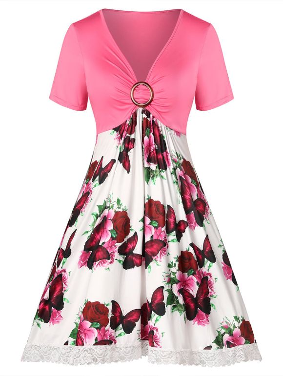 Robe à Imprimé Rose Papillon Anneau en O de Grande Taille à Taille Empire - Rose clair 4X