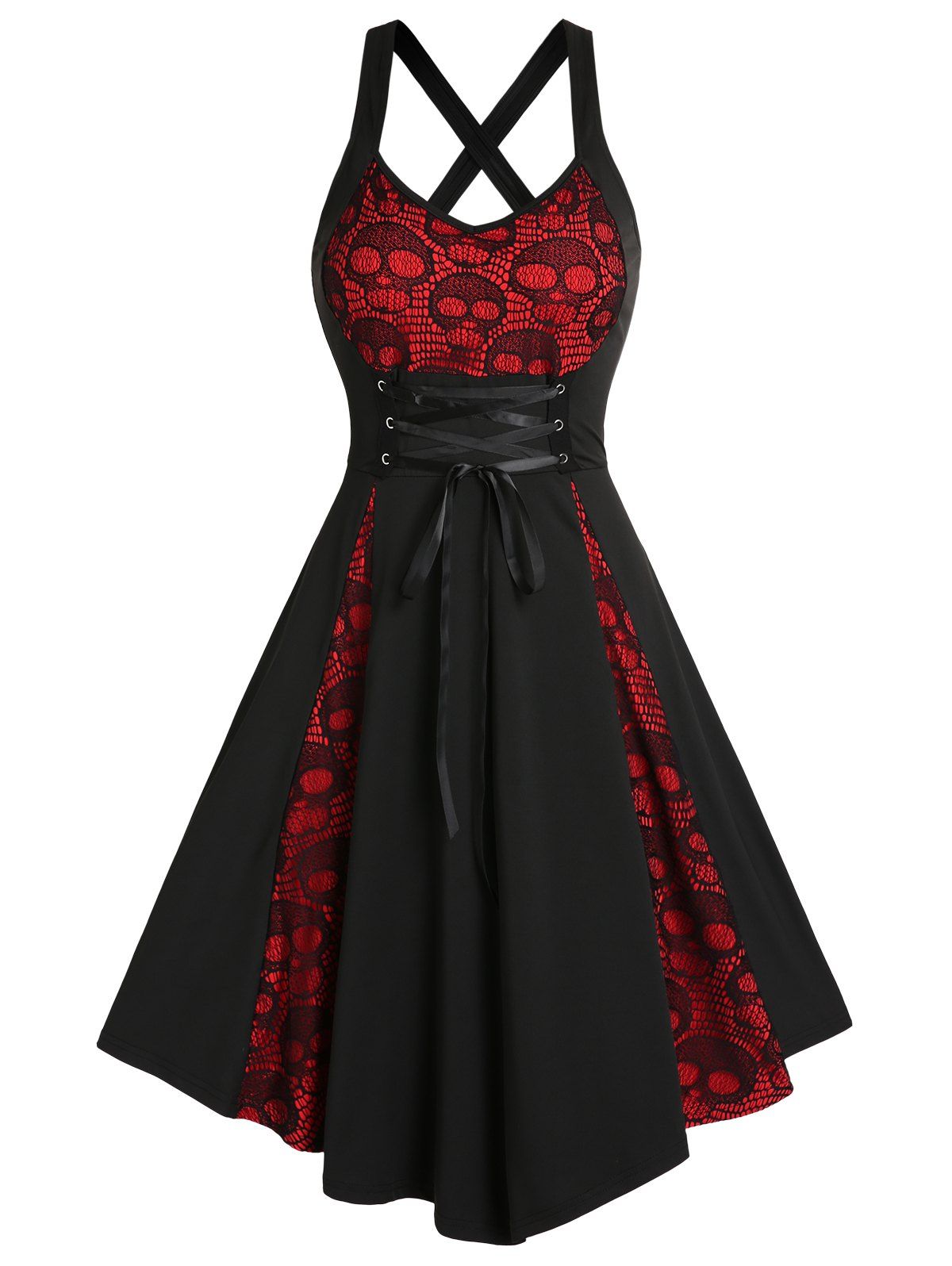 Gothic Dress Skull Lace Godet Dress Lace Up Cross Back A Line Dress - BLACK XXL