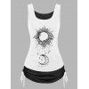 Celestial Sun Moon Floral Print Cinched Ruched Contrast Colorblock Tank Top - multicolor A L