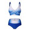 Ombre Bikini Swimwear Crossover Ruched High Waisted Bathing Suit Tummy Control Swimsuit - BLUE XXXL