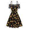 Sunflower Print Sundress Cold Shoulder Floral Lace Panel Vacation Dress Tie Knot Spaghetti Strap A Line Dress - BLACK L