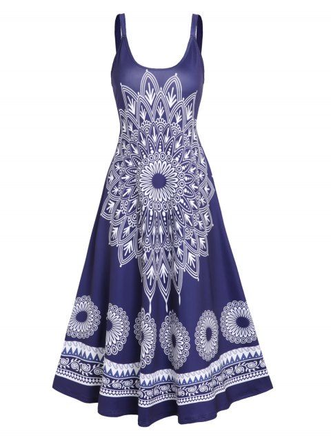 Bohemian Dress Ethnic Flower Print Midi Dress Sleeveless Summer A Line Cami Dress