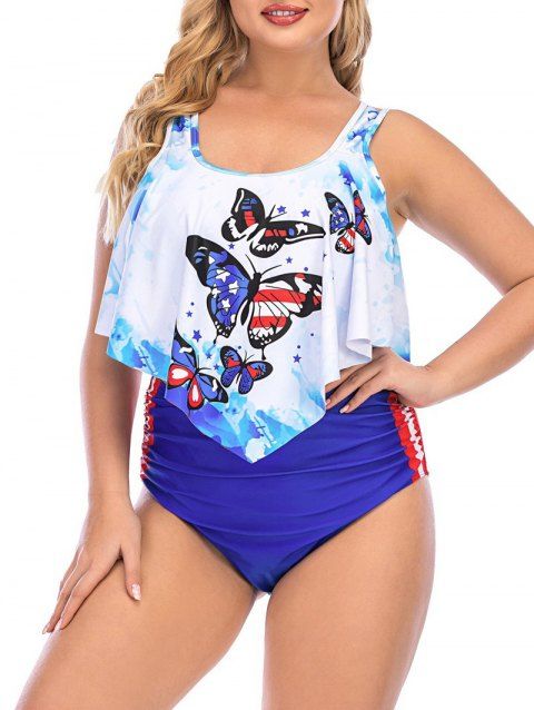 Plus Size Butterfly American Flag Flounce Ruched Tankini Swimwear
