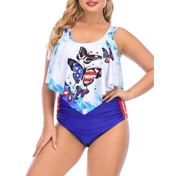 

Plus Size Butterfly American Flag Flounce Ruched Tankini Swimwear, Blue
