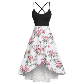 

Flower Print Vacation Sundress Criss Cross Garden Party Dress Overlap High Low Cami Dress, Black