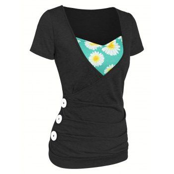 

Heathered Daisy Floral Print Surplice Sweetheart Neck Mock Button T Shirt, Black