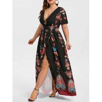 

Plus Size Dress Print Surplice Slit Dress Plunge High Waisted A Line Maxi Dress, Black