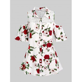 

Plus Size Lace Insert Flower Open Shoulder Blouse, White