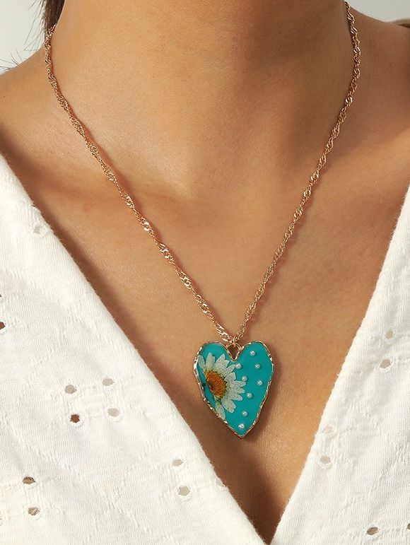 Collier Élégant Motif Cœur Marguerite et Fleur en Perles Fantaisies - Bleu clair 