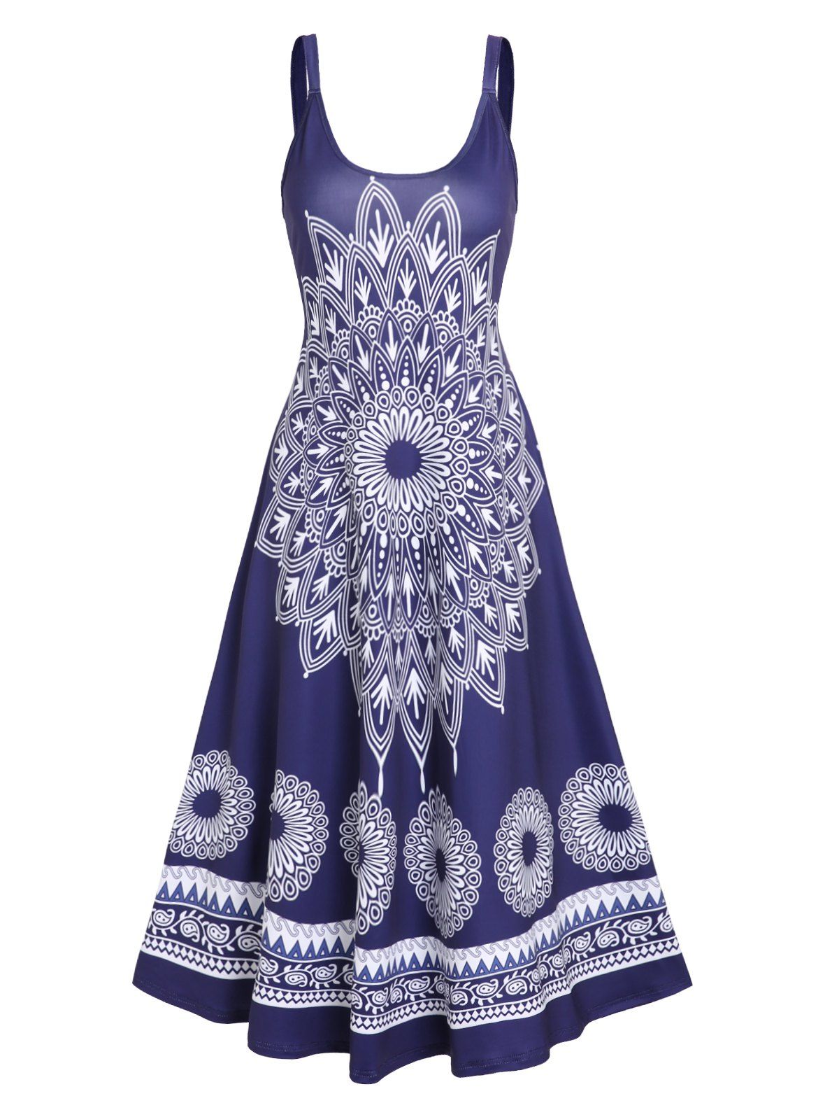 Robe à Bretelle Mi-Longue Fleur Ethnique Style Bohémien - Bleu XXL