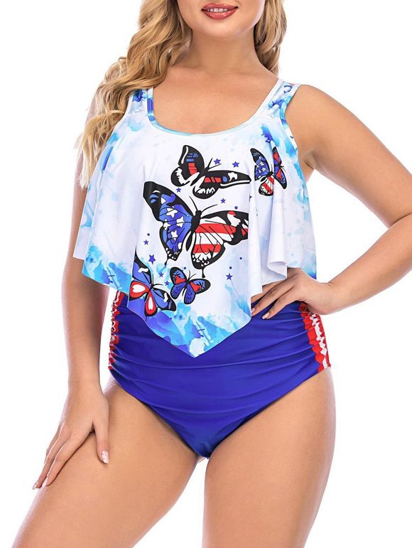 Plus Size Butterfly American Flag Flounce Ruched Tankini Swimwear - BLUE L