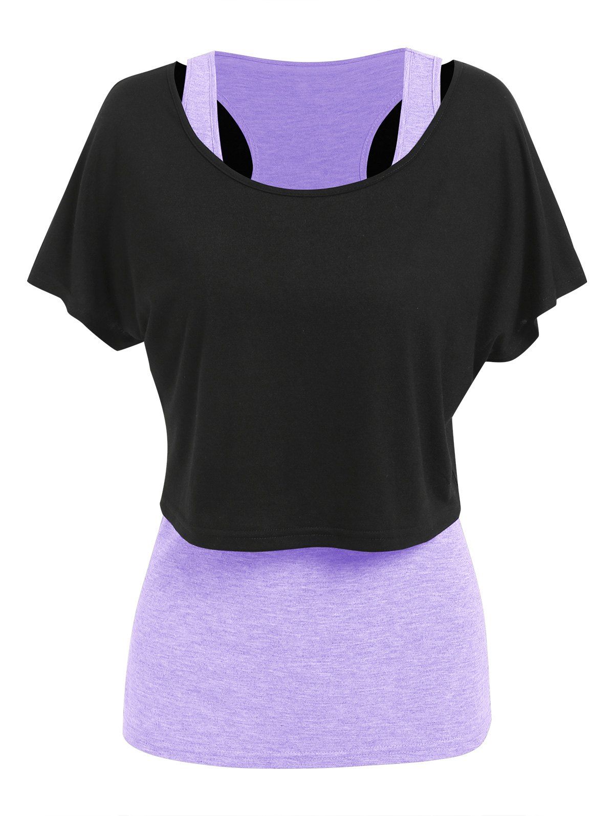 Sporty Cropped Plain Scoop Neck T Shirt and Heathered Tank Top Set - LIGHT PURPLE XL