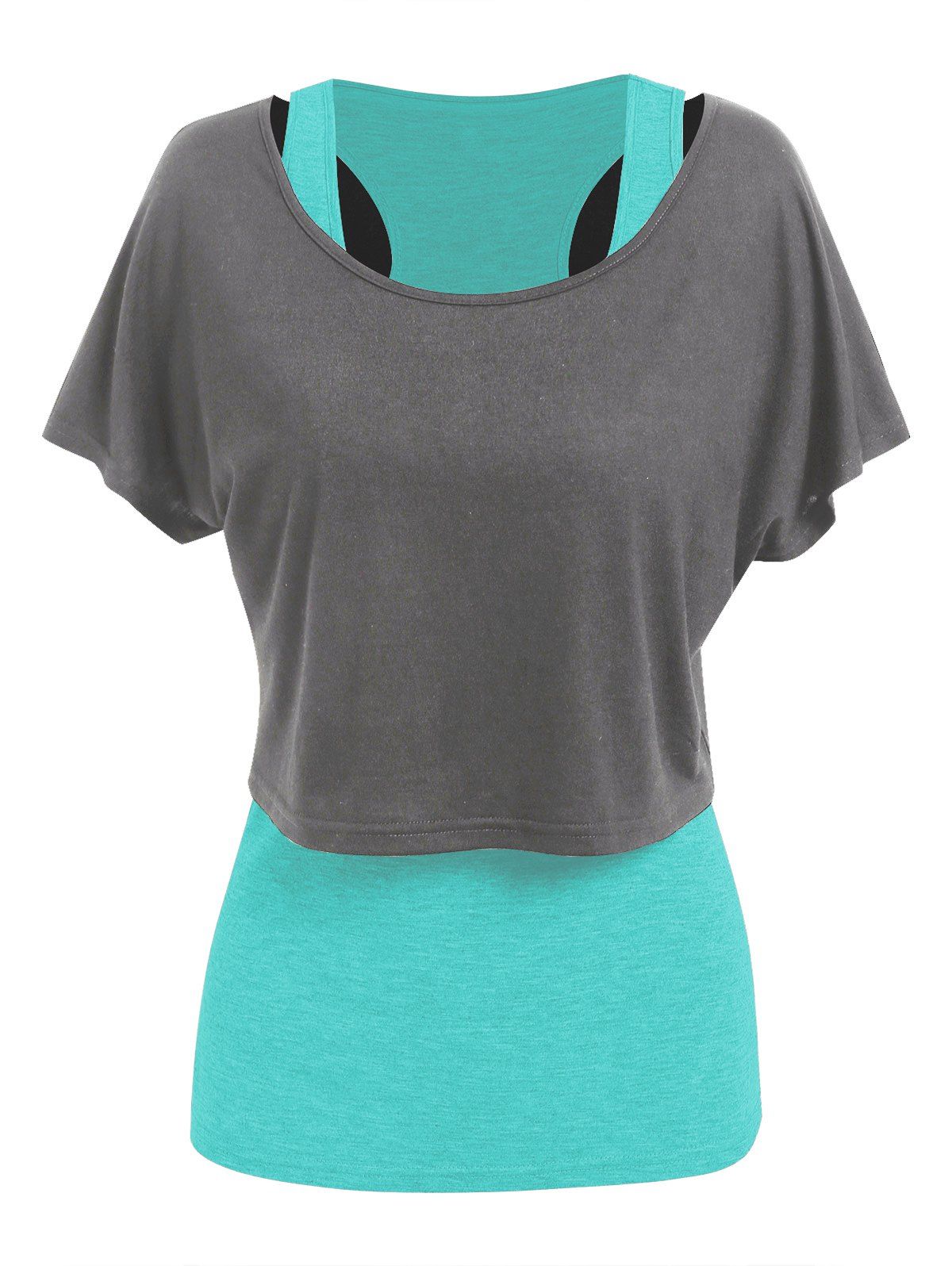 Sporty Cropped Plain Scoop Neck T Shirt and Heathered Tank Top Set - LIGHT GREEN XXXL