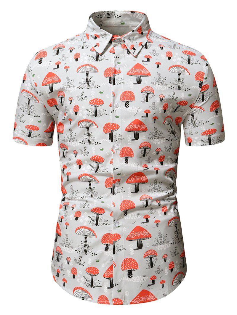 Allover Mushroom Print Button Up Shirt - GRAY M