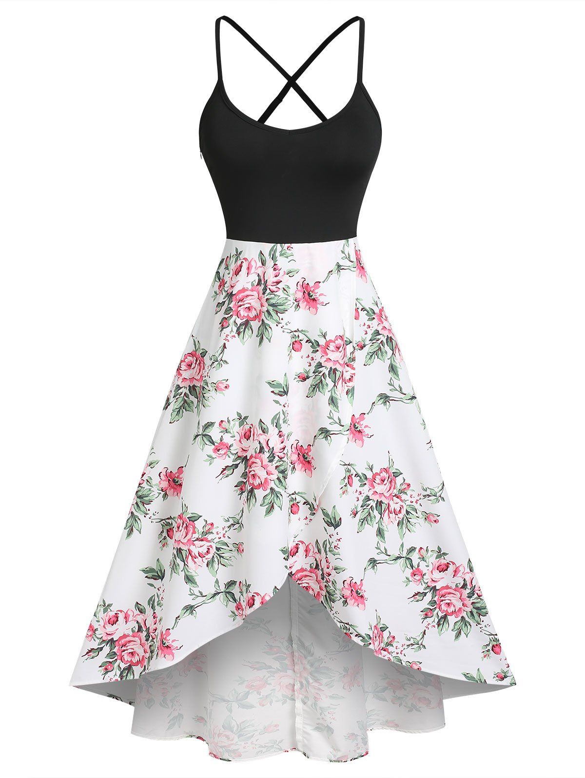 Flower Print Vacation Sundress Criss Cross Garden Party Dress Overlap High Low Cami Dress - BLACK M