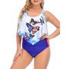 Plus Size Butterfly American Flag Flounce Ruched Tankini Swimwear - BLUE 2XL